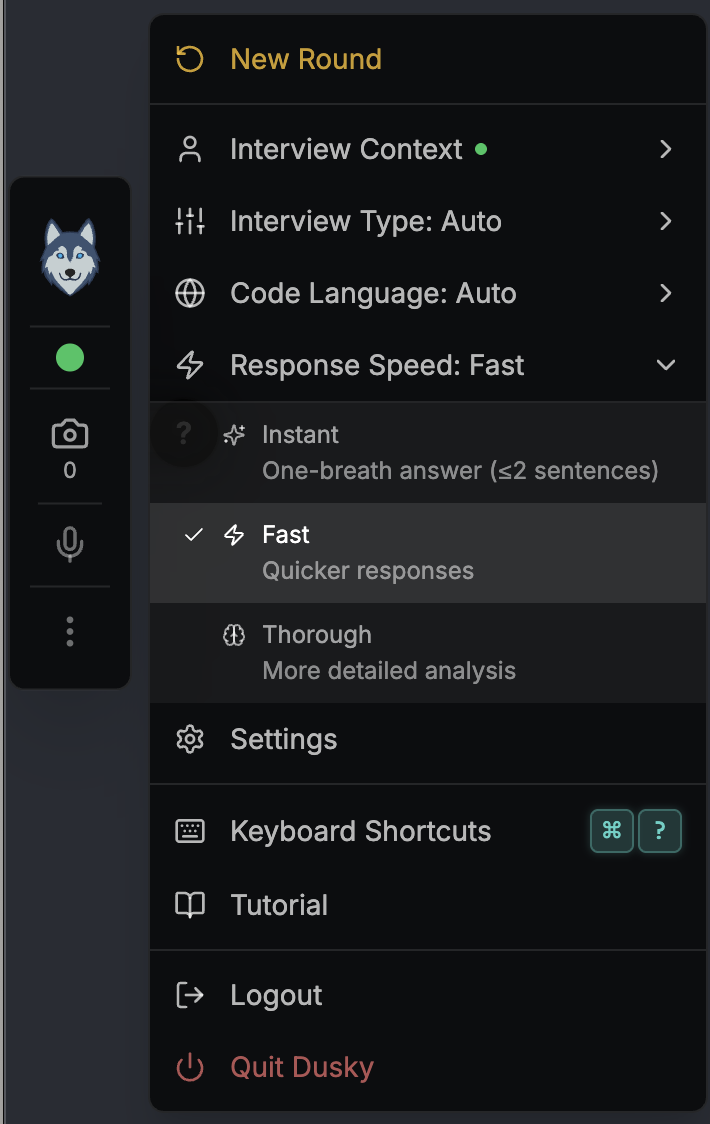 The ⋯ menu with Response Speed expanded, showing Instant, Fast (selected), and Thorough, above Interview Type and Code Language rows